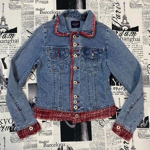 One Tuff Babe Women's mid wash denim jean jacket red detail y2k vintage fall